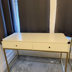 47” White/Gold Vanity Desk with 2 Drawers - Fully Assembled!