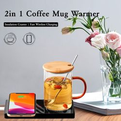 2 In 1 Heating Mug Cup Warmer Electric Wireless Charger for Home Office Coffee Milk