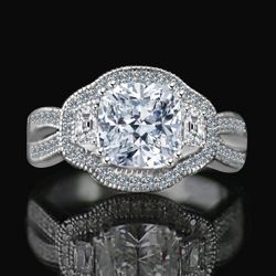 Intensely Radiant 2.5 CT. Cushion Vintage halo split shank engagement/wedding three stone Sterling Silver ring Simulated Diamond - Diamond Veneer.