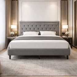 King Bed Upholstered Platform Bed Frame with Adjustable Headboard, Button Tufted, Wood Slat Support, Easy Assembly, Light Gray