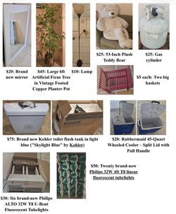 Mirror, lamp, artificial plant with pot, teddy bear, gas cylinder, baskets, flush tank, cooler, tubelights