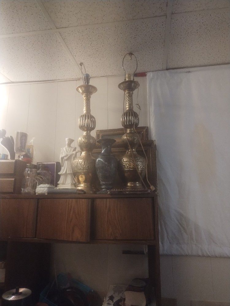 Two Brass Lamps Several Different Kind Of Oil Lamps