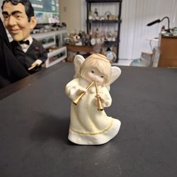 Vintage 1980's Porcelain Angel Figurine Playing 2 Gold Painted Clarinets W/Metal Gold-Tone Halo & Beautiful Yellow Dress 5"H