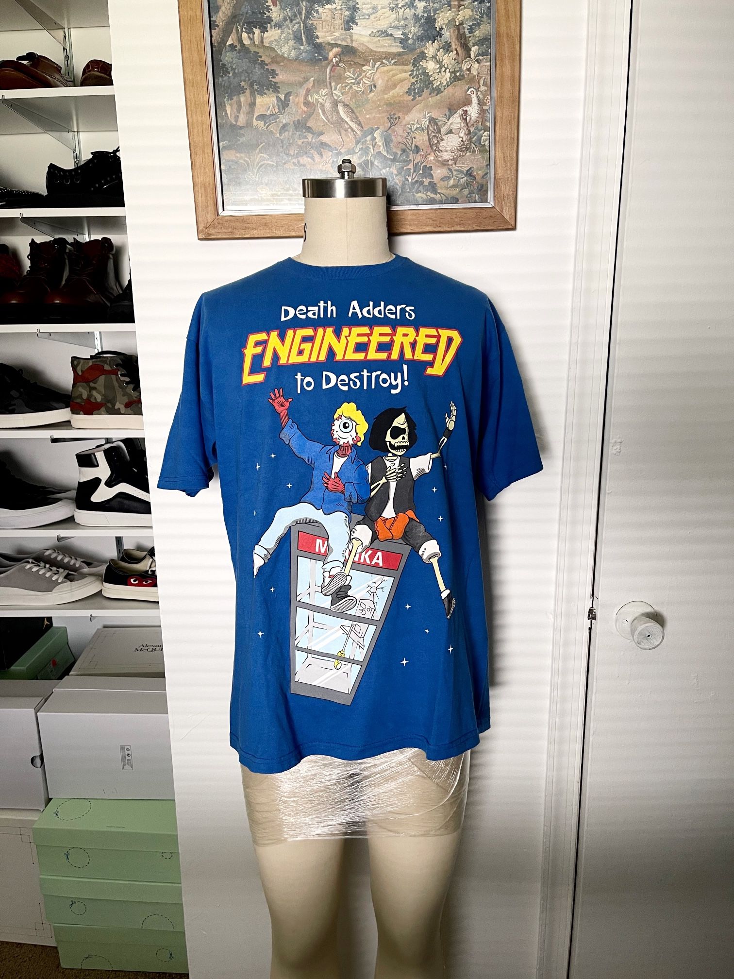 Mens Vintage Mishka MNWKA Death Adders graphic t shirt. Size L. Engineered To Destroy Crewneck. From the 80’s movie Bill and Ted’s Excellent Adventure