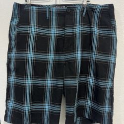 Quiksilver Shorts Blue Black Plaid Flat Front Men's 38 Logo Walk Skate Beach Y2K