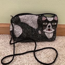 Vintage Black & White Kitty/ Cat 7”x 4” Beaded  Purse