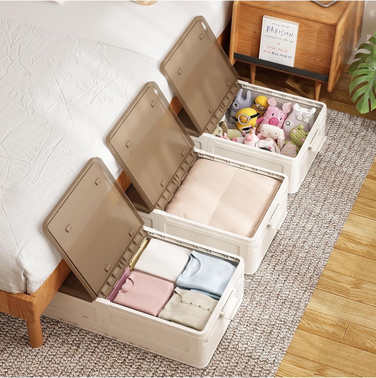 GILLAS 3 Pack Under-Bed Storage Plastic Containers Box with Lids and Wheels, Sturdy Storage Organizer Cabinet for Closet and Under Sofa to Storing Clo