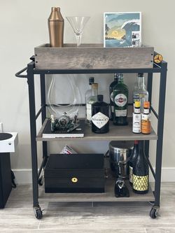 Industrial Wood & Black Metal Rolling Bar Cart