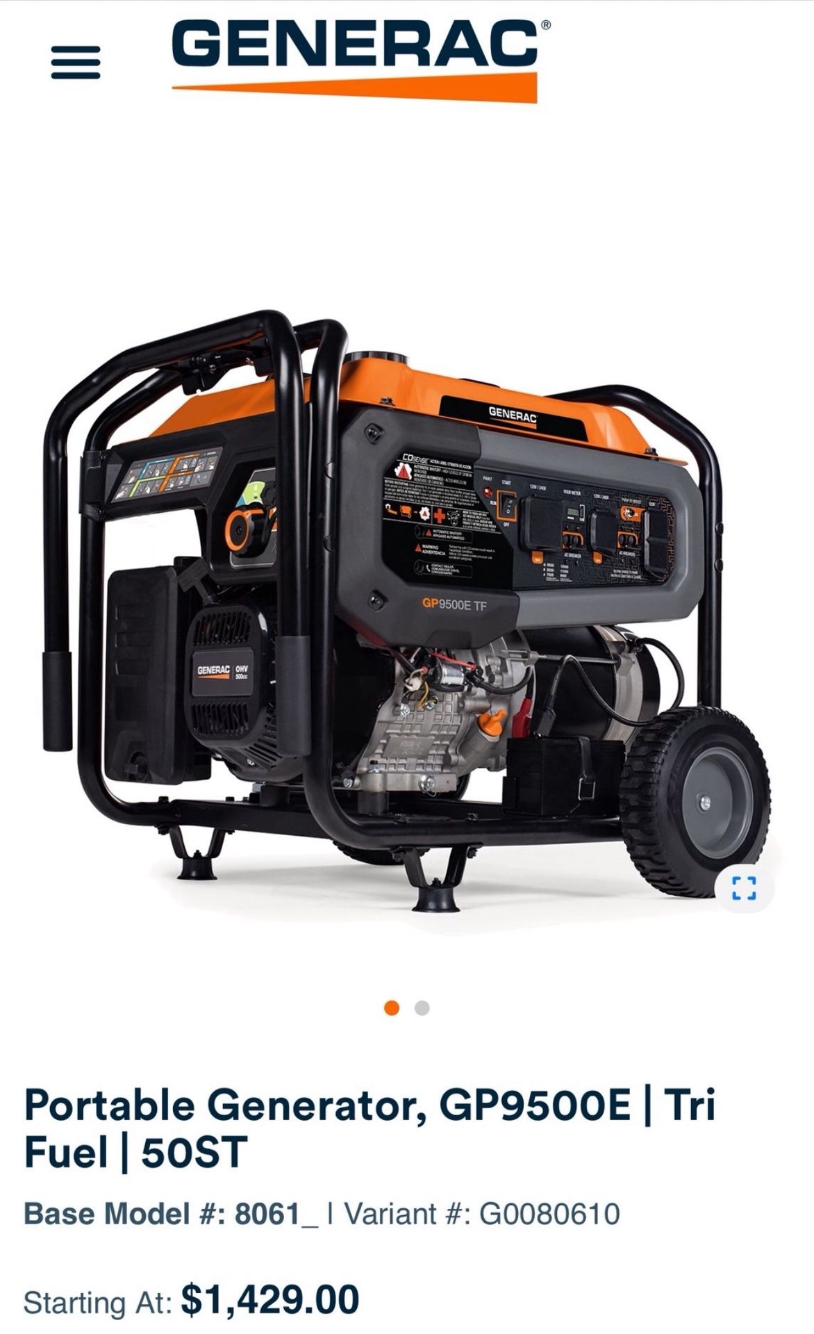 Generac Trifuel Generator 12500/9500 Watts