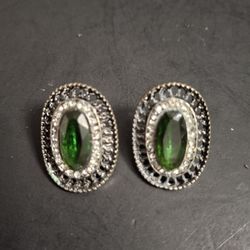 Vintage-Style Oval Green Gemstone Stud Earrings In A Silvertone Setting Surrounded By A Halo Of CZ'S Or Rhinestones 