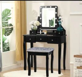 Makeup Vanity Desk with Lighted Mirror, 10 Dimmable Bulbs and Rotating Mirror,