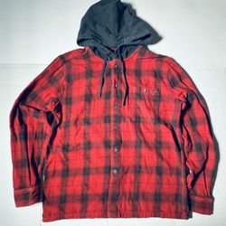 Pre Owned Good  Billabong  Baja Flannel Hoodie  Plaid  Button  Embroidered Patch  Red Black  Men  Size Large 