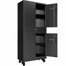 Metal Storage Cabinet With Drawer, 71" Garage Cabinet With Locking Doors