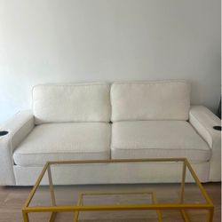 White 2 seater Boucle Couch + Gold/Glass Coffee table