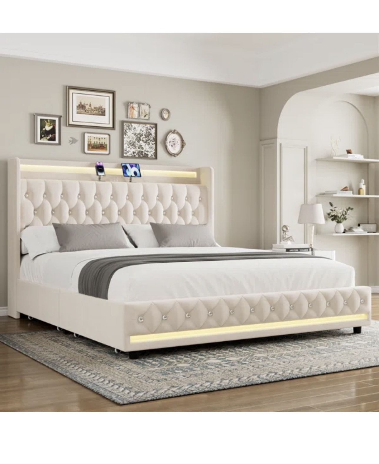 Glastonbury Upholstered Wingback Bed, 4 Drawers Storage Bed with LED Light