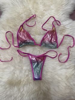 New small rainbow pink metallic bikini y2k festival rave outfit raver dancewear