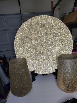 4-piece Gold MosaicDecor Set 26" Plate, Stand & Two 13" Vases