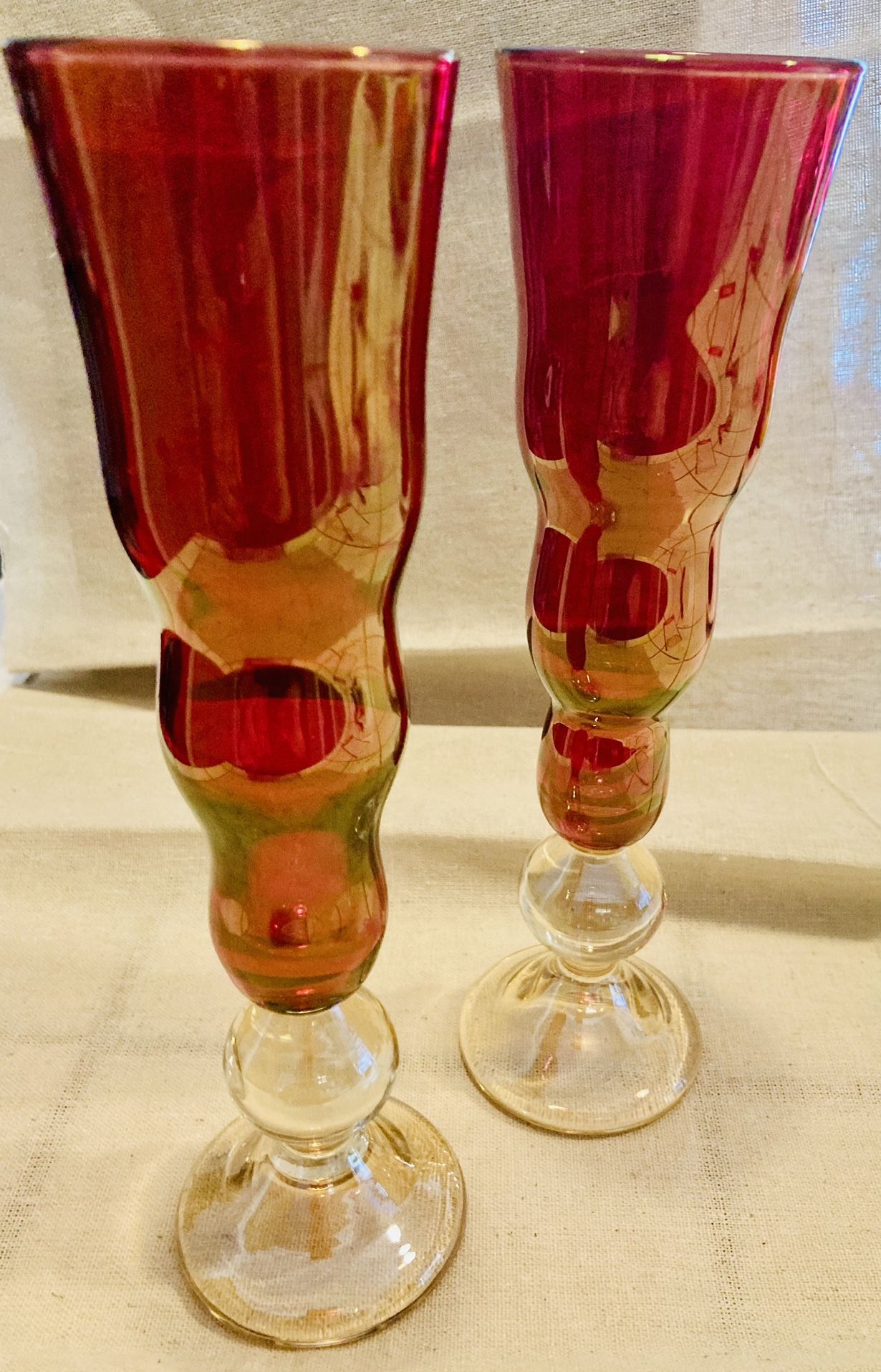 TWO (2) Heavy Glasss Ruby Red Champagne Flutes - 9” high