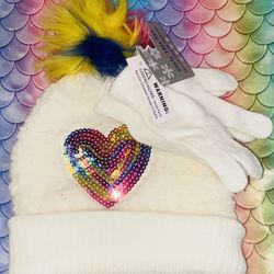 GIRLS✨🌼WHITE⚪️W:COLORFUL SEQUINED HEART💕🌈🌸DESIGN MATCHING HAT & GLOVES SET ✨🌈⚪️