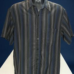 David Taylor Microfiber Mens Shirt L Black Gray Striped Short Sleeve Button Up
