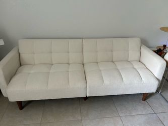 White Futon Sofa Bed – Cream Bouclé, Wood Legs