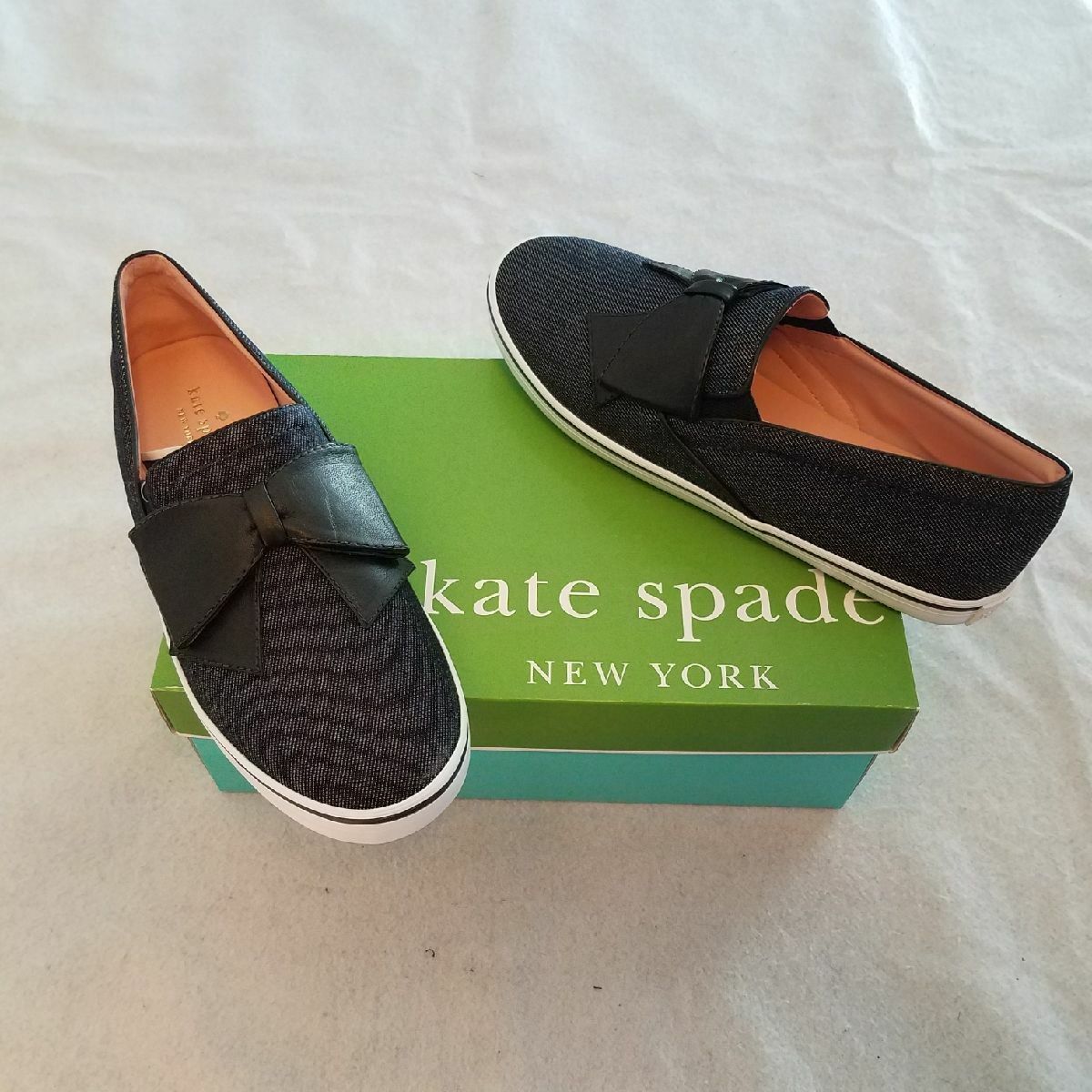 New Kate Spade Delise Indigo Denim Black Nappa Bow Flats Shoes Size 10