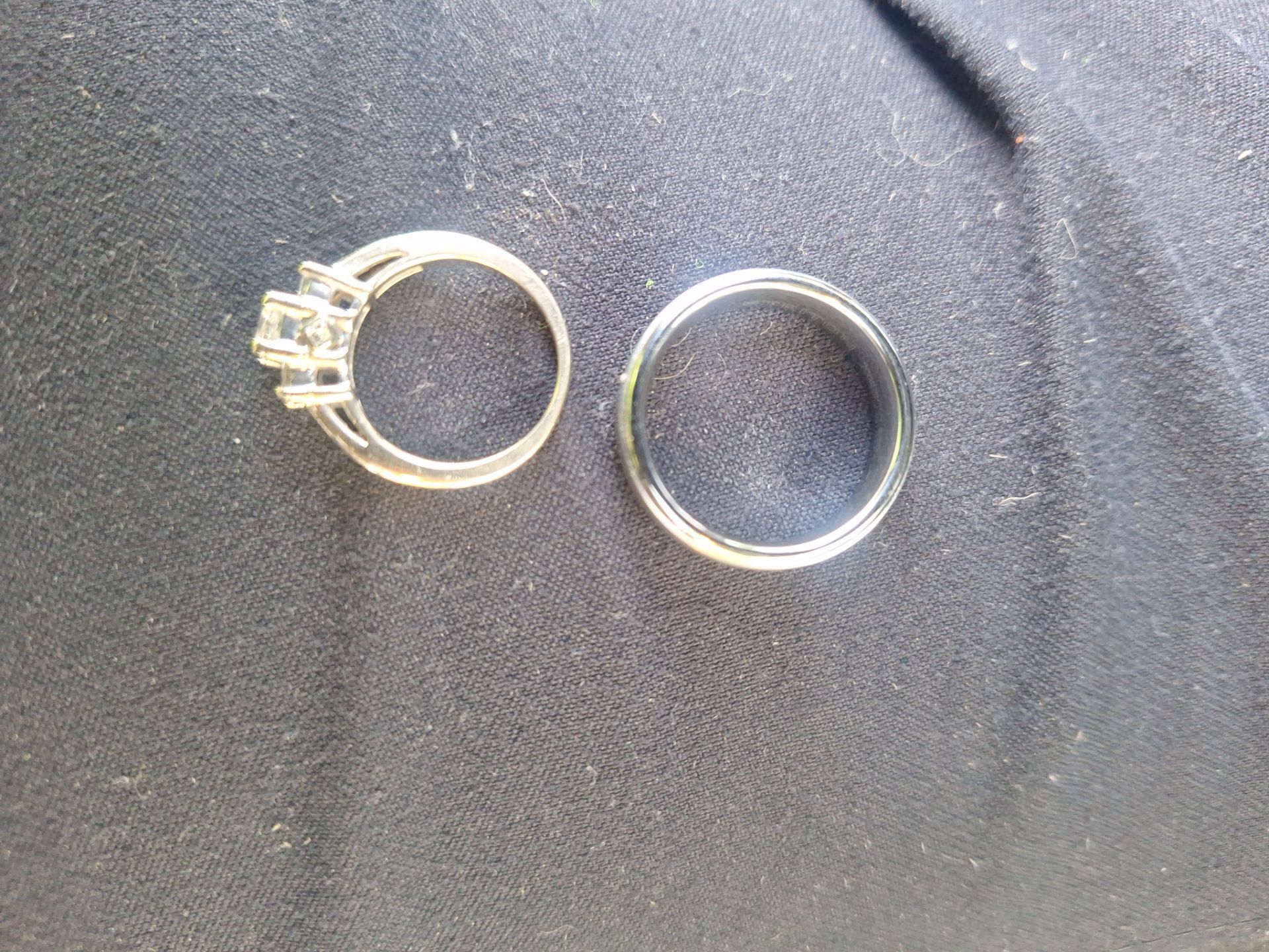 1 ct 14k white gold engagement ring and men's tungsten band