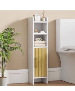 Bathroom Storage Cabinet, Small Corner Floor Cabinet with Fluted Door Narrow Toilet Paper Cabinet with Adjustable Shelves Wooden Slim Bathroom Organiz