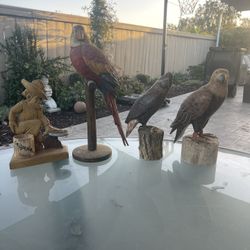 Vintage Hand-Carved Wooden Bird Figurines & Gold Miner Statue