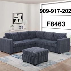 DARK GREY FUR LIKE CORDUROY SECTIONAL WITH OTTOMAN
