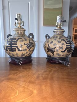Two  Bedside Asian Motif  Lamps