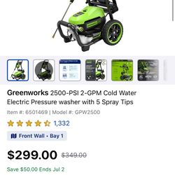 Greenworks 2500-PSI 2-GPM Cold Water Electric Pressure washer with 5 Spray Tips