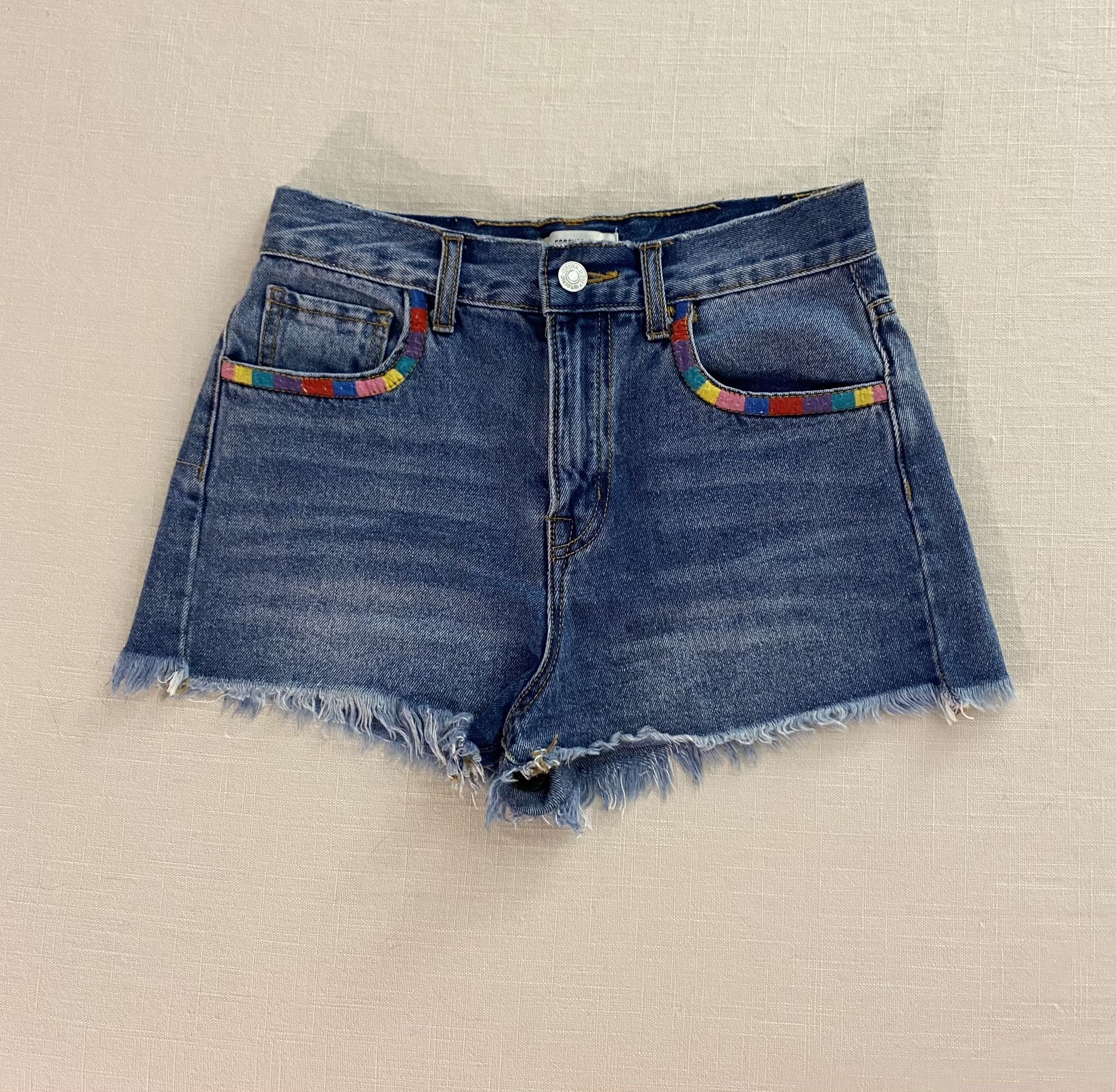 Forever 21 Size 24 High Rise Denim Shorts with Rainbow Embroidered Pocket Trim
