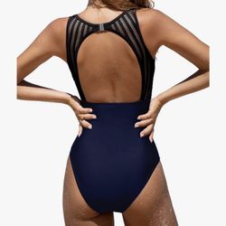 Women's One Piece Swimsuit Bathing Suit Tummy Control High Neck Cutout Back Hook Mesh Swimwear-MEDIUM