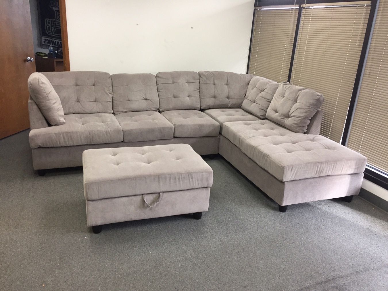 Grey Chenille Sectional Couch And Storage ottoman