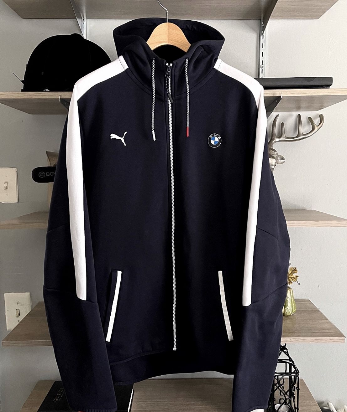 New! Mens BMW + Puma Motorsport Full Zip hoodie Sweatshirt. Size XL Retail $120 With branding on the chest and bold BMW Motorsport print at the back, 