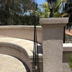 Various fishing rods. Different sizes and brands. Most are Berkeley, and one is Daiwa. 