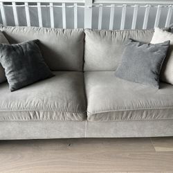 Living Spaces Beige Fabric 80" Sofa | Track Arms