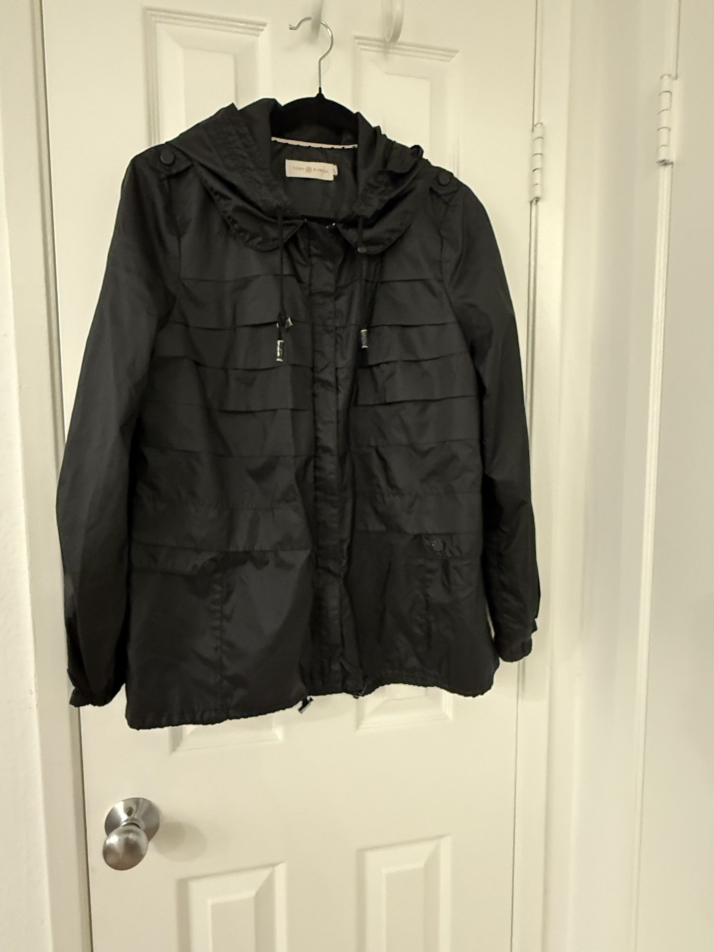 Tory Burch Windbreaker with Hood, Black, Size 8