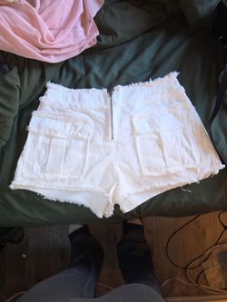 White Cargo Denim Shorts with Zip Front