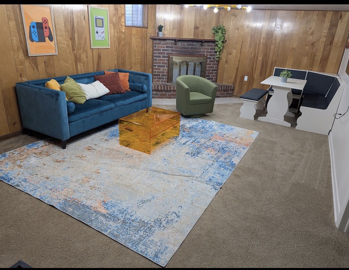 Velvet Couch, Rug, Table, Accent Chair For Sale 