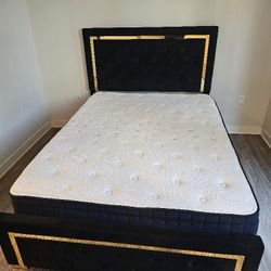 Used Black Queen Upholstered Bed with Pull Point Headboard & Metal Frame  Slightly Used for couple months
