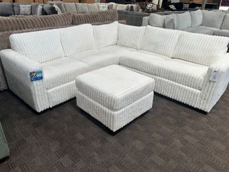 White thick comfy sectional sofa with ottoman