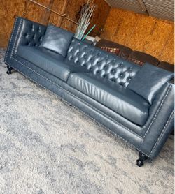 Kingsley Tufted Navy Sofa Original Leather