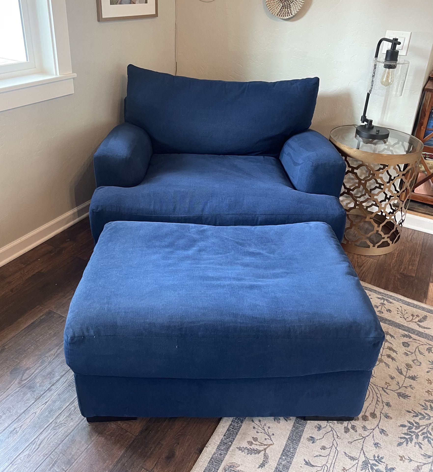 Cozy Macy’s Chair + Ottoman Set – Deep Navy – Excellent Condition!