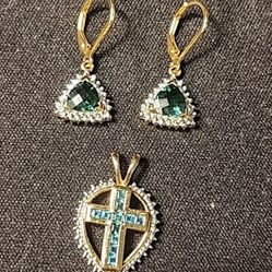 Earrings and Necklace with Pendant Green Stone 925 Silver Gold Tone