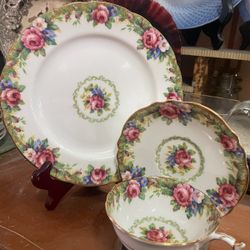 Antique English Rose Roses Teacup And Saucer With Dessert Plate 