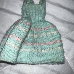 Hand-Knitted Doll Dress - Mint Green and Pink