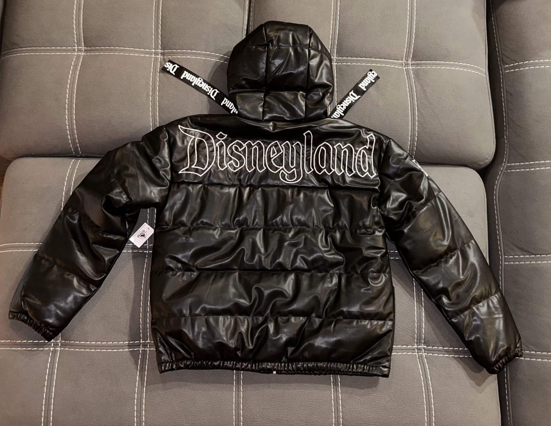New Disney Leather Jacket Medium DISNEYLAND Puffer Faux Zip Up