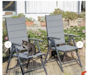 Purple Leaf-Outdoor Patio Sling Chairs Folding Chairs Set of 2 Outdoor Reclining Camping Chairs with Soft Cotton-Padded Seat in Grey